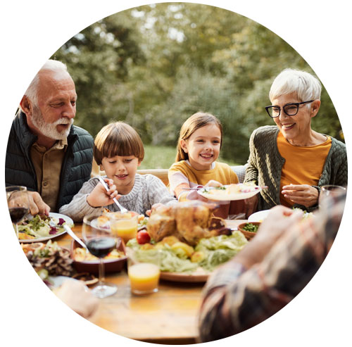 An elderly couple enjoying a picnic with their family