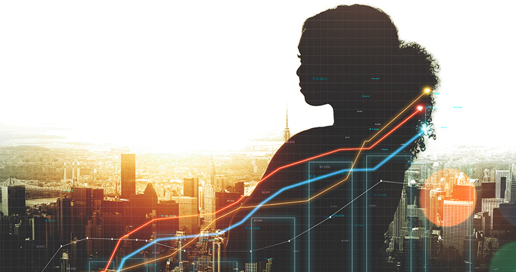 graphic image of a female silhouette in front of a blurry cityscape