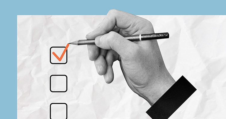 A graphic illustration of a hand with a pencil checking a box on a list