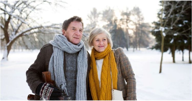 A retired couple enjoy a walk in a snowy park.