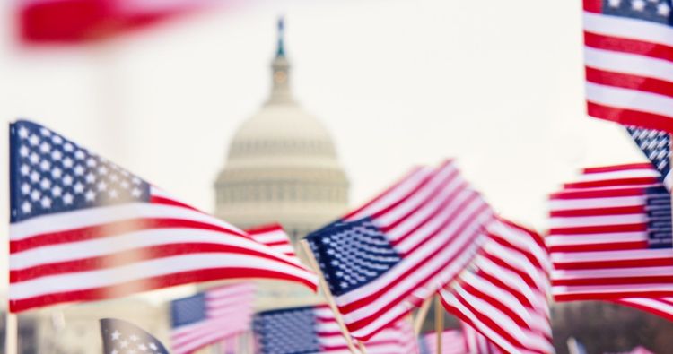 Waving American flag with the capital behind them
